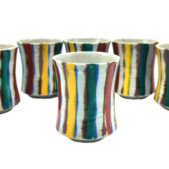 Vtg BOHO 6 Handmade Stoneware Pottery Juice Glasses Colorful Stripe Pattern Set - Picture 1 of 6